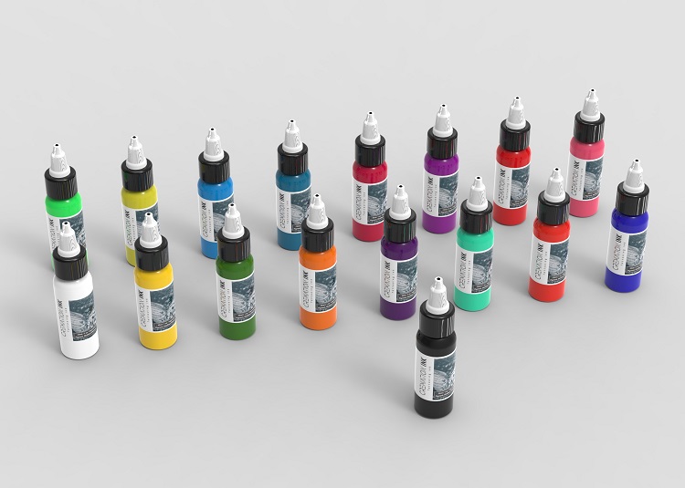 Full range of Cremation Ink ® cremation ashes tattoo ink bottles, in every professional tattoo colour